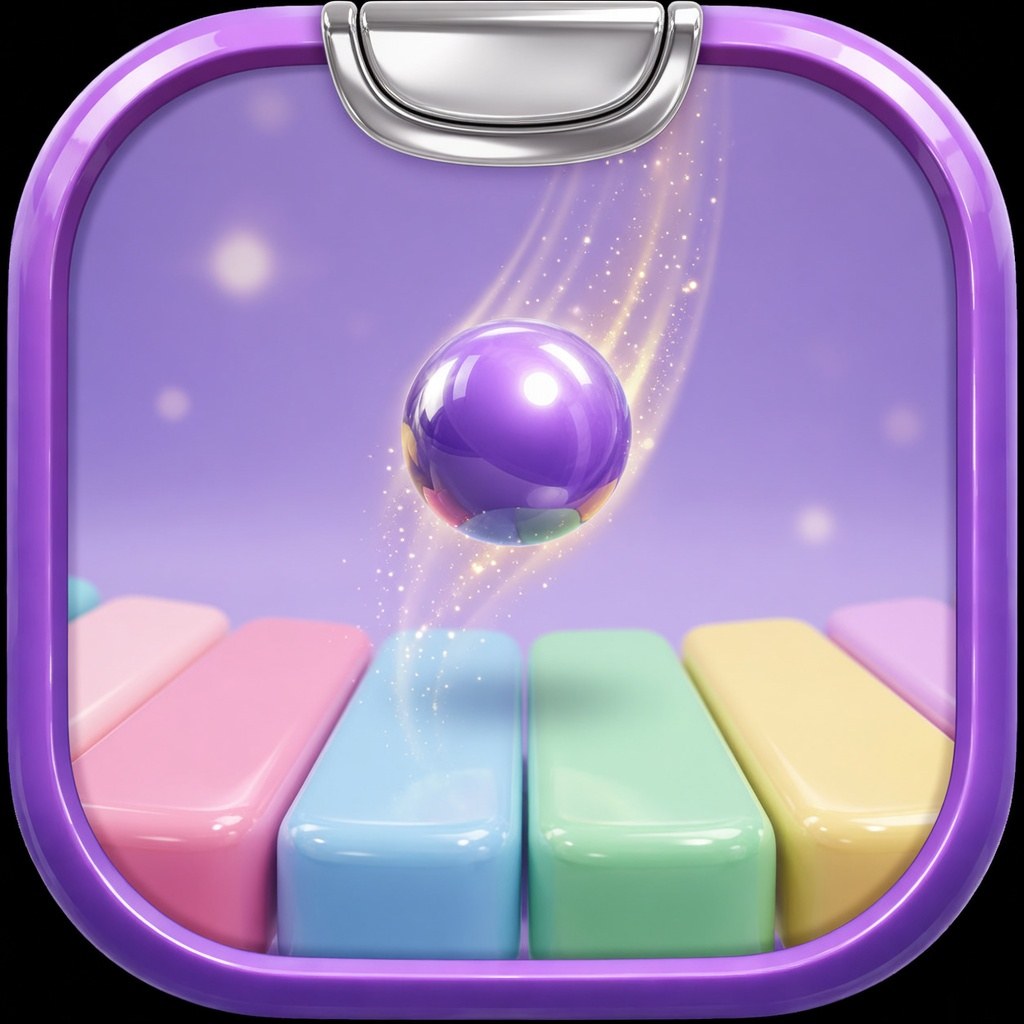 A purple marble falling toward pastel keys