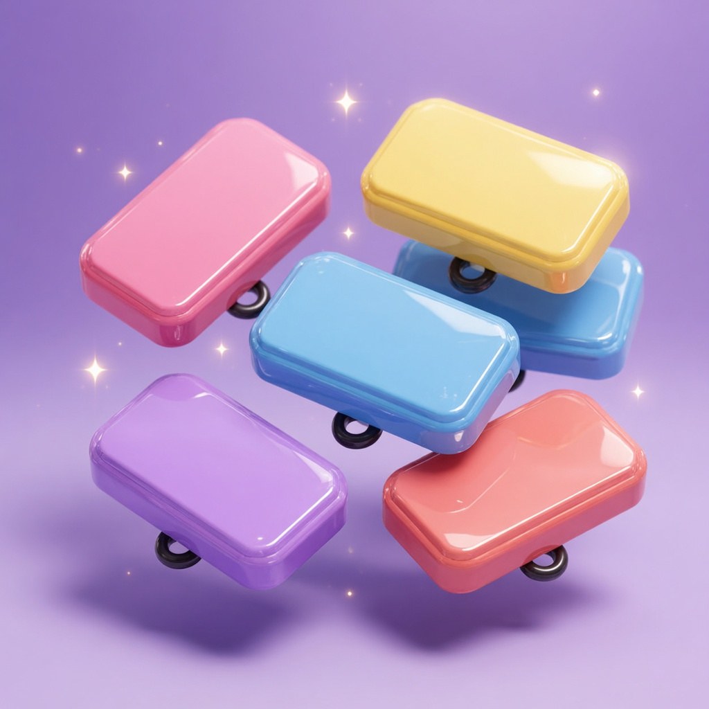 A cluster of glossy pastel keys